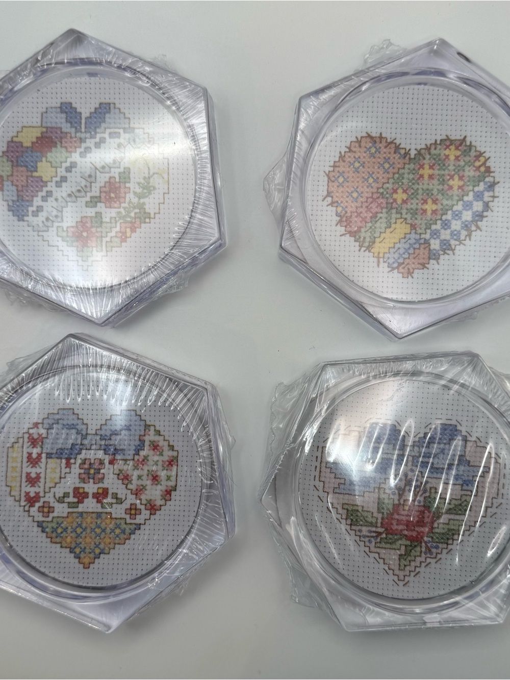 Set of 4 Heart Cross-Stitch Coasters - Multicolor